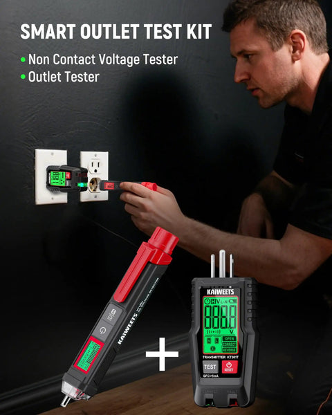 Man using Go To Electrical Test Kit With Non Contact Voltage Tester And GFCI Outlet Tester LCD Display Pro Grade Wiring Fault Checker