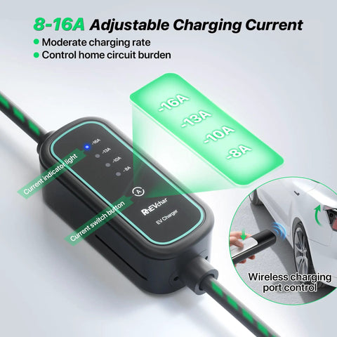 Badass Plug And Play Tesla EV Charger With Nacs Connector For Model 3 Y S X Cybertruck showing adjustable current settings.