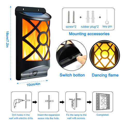 Solar Flame Lanterns Outdoor Lights 6 Pack Waterproof Wall Lanterns With Realistic 3D Flickering Flames, mounting guide and accessories