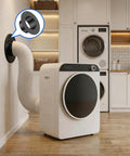 Heavy-Duty 6 Inch Metal Duct Connector Flange and Dryer Vent Fitting with Built-In Heat Resistance shown with white dryer in laundry room.