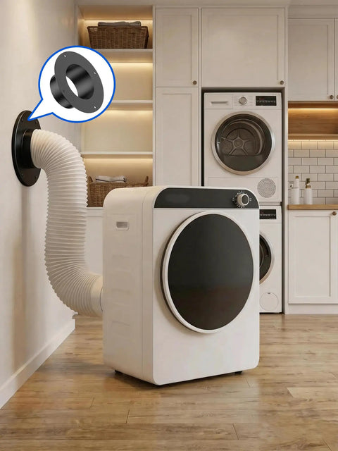 Heavy-Duty 6 Inch Metal Duct Connector Flange and Dryer Vent Fitting with Built-In Heat Resistance shown with white dryer in laundry room.