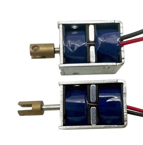 Top view of two pack mini push pull linear solenoids electromagnets with 5mm stroke copper head frame actuators for DC 12V 4A 5 Ohm
