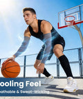 Playing basketball wearing 8 Pairs Soft Arm Sleeves With UPF 50 Plus Sun Protection Cooling Compression Arm Covers