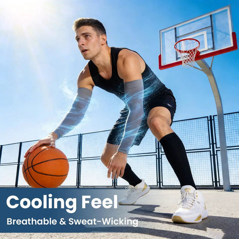 Playing basketball wearing 8 Pairs Soft Arm Sleeves With UPF 50 Plus Sun Protection Cooling Compression Arm Covers