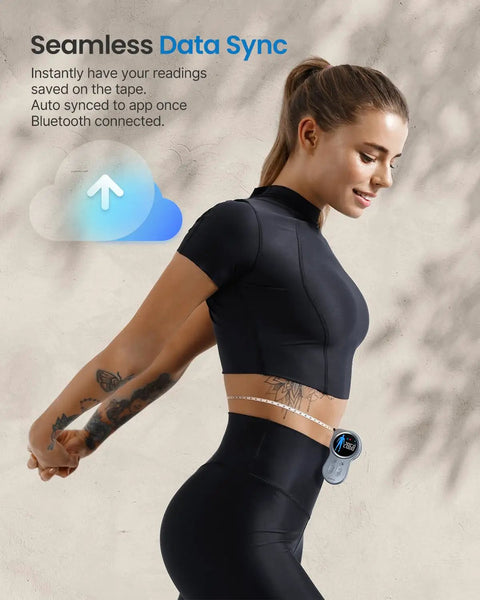 Woman using Big Display Bluetooth Smart Tape Measure for Fitness and Weight Loss, App Connected Body Measuring Tool
