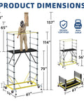 Heavy Duty Aluminum Scaffold Tower Ready To Roll Work Platform Adjustable Utility Scaffolding With Hatch Deck And Guard Rail 500 Pounds Capacity dimensions with person painting