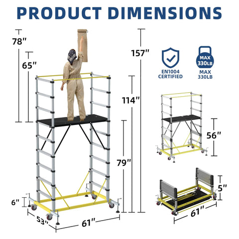 Heavy Duty Aluminum Scaffold Tower Ready To Roll Work Platform Adjustable Utility Scaffolding With Hatch Deck And Guard Rail 500 Pounds Capacity dimensions with person painting