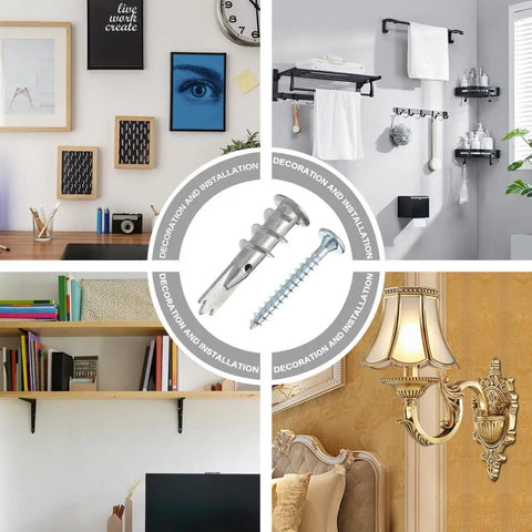 Self-Drilling Drywall Anchors Set With Zinc Alloy Screws, 200 Piece Kit For Picture Frames, Mirrors, Shelves, And Bathroom Accessories No Drill Needed, Easy Removal, Strong Hold, shown with wall mounts