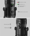 USB Studio Recording Microphone with Four Pickup Patterns Cardioid Omnidirectional Bidirectional Stereo Mute Button and Headphone Jack for PC PS4 Mac Plug and Play Broadcast Quality Mic showing mute button and volume control in black metal design.