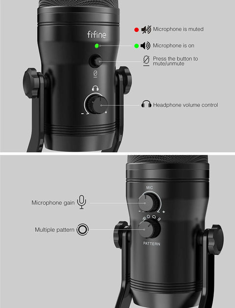 USB Studio Recording Microphone with Four Pickup Patterns Cardioid Omnidirectional Bidirectional Stereo Mute Button and Headphone Jack for PC PS4 Mac Plug and Play Broadcast Quality Mic showing mute button and volume control in black metal design.