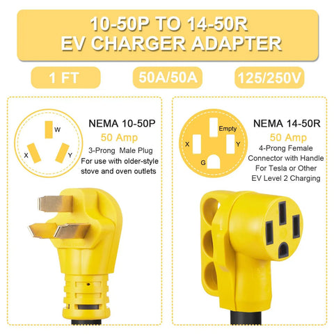 NEMA 10-50P To 14-50R EV Charger Adapter Cord STW 6 AWG 3C 50 Amp Level 2 EV Charging For Tesla Or Other EVs Not For RV Stove Or Oven ETL Listed, 1 ft, yellow, plug details