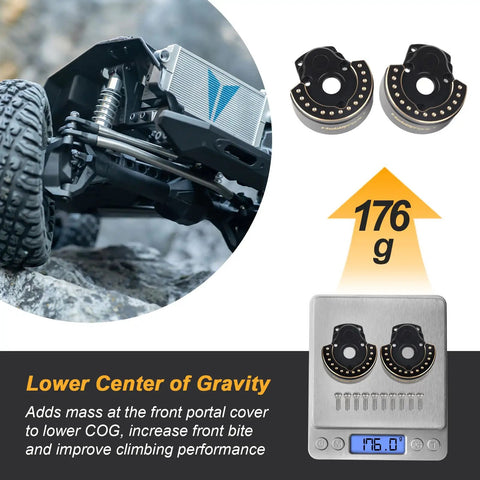 Brass Front Portal Cover Weight 176g for One Tenth Vanquish VP VS4 10 RC Crawler with F10 Portal Axle on scale and terrain