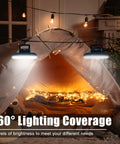Portable Camping Fan With LED Lantern USB Rechargeable Waterproof Tent Fan illuminating a cozy indoor tent setup.