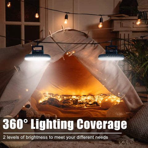 Portable Camping Fan With LED Lantern USB Rechargeable Waterproof Tent Fan illuminating a cozy indoor tent setup.