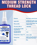 Medium strength threadlocker bottle with detailed features and 50ml capacity.
