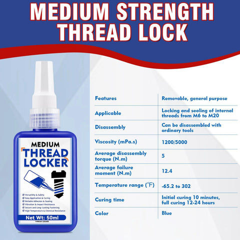 Medium strength threadlocker bottle with detailed features and 50ml capacity.