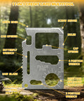 11-in-1 stainless steel credit card multitool from 5 In 1 Fire Starter Kit For Outdoor Gear with various tool labels shown outdoors