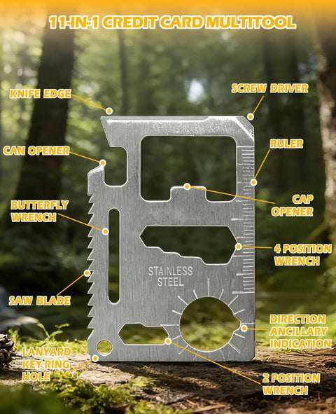 11-in-1 stainless steel credit card multitool from 5 In 1 Fire Starter Kit For Outdoor Gear with various tool labels shown outdoors