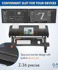36 Inch Wide Standing Desk Converter For Dual Monitors Sit To Stand Workstation Height Adjustable Up To 17.3 Inches With Large Keyboard Tray Black Easy Install Ergonomic Durable Pro Grade, two-tier design with device slot and dual monitors.