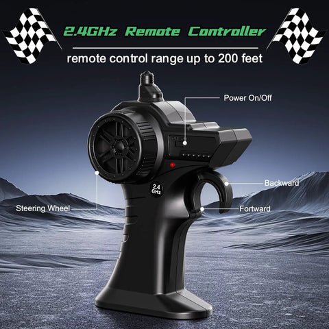 2.4GHz remote controller for Rad All Terrain RC Monster Truck Off Road 2WD Hobby Car with dual rechargeable batteries.