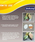 Instructional image showing how to use Six Pairs (Twelve Pieces) Non Slip Shoe Sole Pads With Self Adhesive Rubber Grips For Front Sole And Heel.