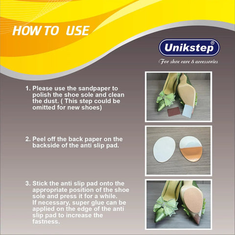 Instructional image showing how to use Six Pairs (Twelve Pieces) Non Slip Shoe Sole Pads With Self Adhesive Rubber Grips For Front Sole And Heel.