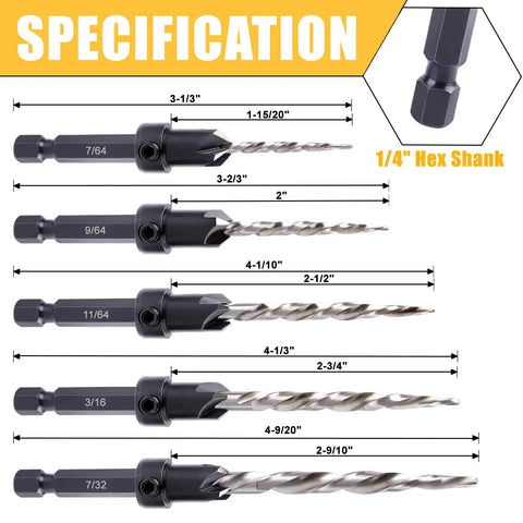 Top Notch Wood Countersink Drill Bit Set With Five Sizes Four Six Eight Ten Twelve For Woodworking Quick Change One Quarter Inch Hex Shank And Allen Wrench From Newdeli showing drill bit specifications and measurements