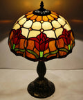 Tiffany Style Stained Glass Tulip Table Lamp For Bedroom And Living Room, 12 Inch Shade, 18 Inch Tall, Antique Green Bronze Base