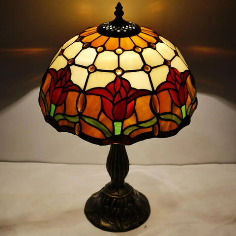 Tiffany Style Stained Glass Tulip Table Lamp For Bedroom And Living Room, 12 Inch Shade, 18 Inch Tall, Antique Green Bronze Base