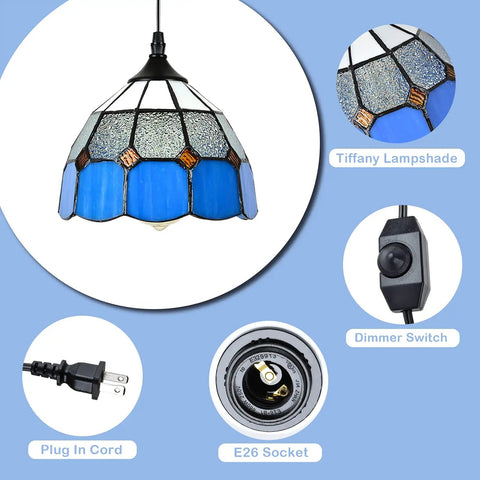 Plug In Tiffany Style Pendant Light With 16.4 Ft Cord, Dimmable Rotary Dimmer, Vintage Swag Ceiling Lamp For Dining Room Bedroom Or Porch, Mini Chandelier With 7.9 Inch Shade, Cozy Vibe With Soft Warm Glow; features lamp details and components.