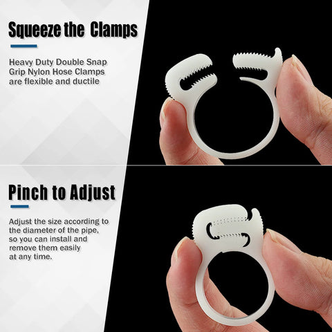 Close-up of hand adjusting a Twenty Piece Heavy Duty Double Snap Grip Nylon Hose Clamps Set With Ratcheting Adjustable Clamps, showing grip.