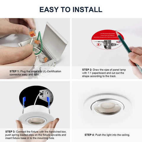 Installation steps for 4 Pack 3 Inch Gimbal LED Recessed Lights With Junction Box, 10W Waterproof Recessed Lighting For Shower