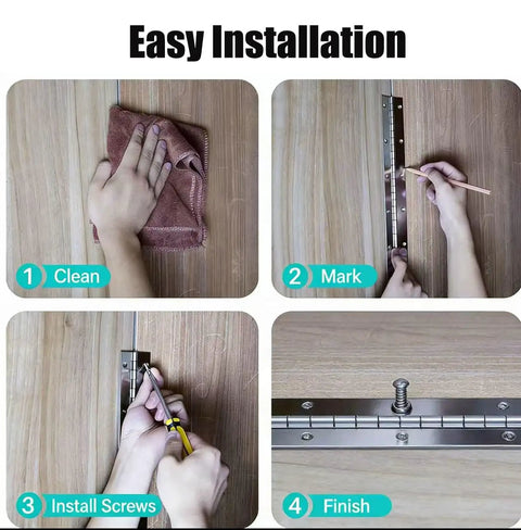 Easy installation steps for Rock Solid 6 Pack Heavy Duty Stainless Steel Piano Hinges For Cabinet Doors And Gates Built Different Rust Proof Silver Finish.