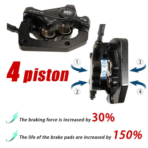 Heavy Duty 4 Piston Hydraulic Brakes For Electric Bike With Pre Bleed DOT 4 Fluid Waterproof 2 Pin Connector shown from side angle