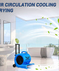 Beast 5000 CFM 1HP Air Mover Blower for floors and carpets in a modern bathroom drying setup, blue model.