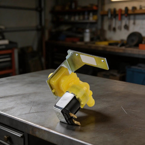 Side view of Water Inlet Solenoid Valve 220 240V Pro Grade Replacement with ABS yellow connector on workshop table