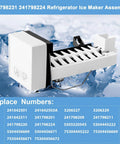 Angled front view of refrigerator ice maker assembly, white housing with black drive module and metal bracket