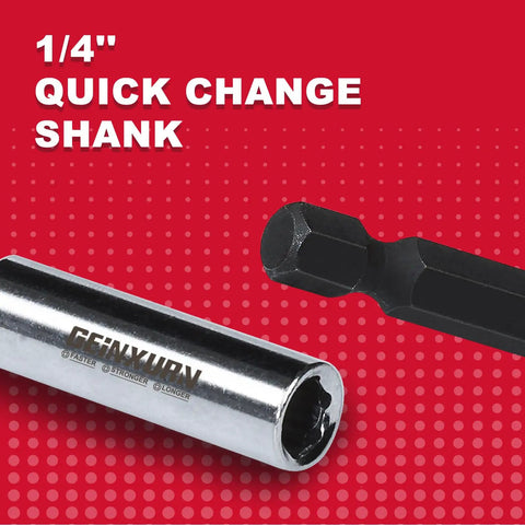 Close-up of 1/4" quick change shank from 9 Piece CrV Screwdriver Bit Holders Set With Magnetic Extension Socket Drill Bit Holder.