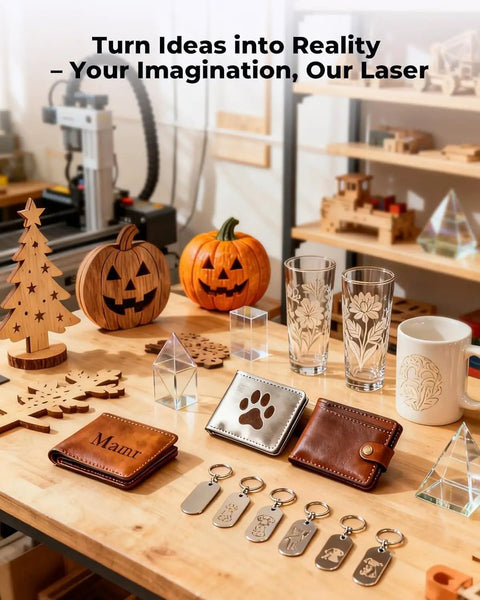 Starter Friendly 2500mW Laser Engraver With Portable Cutter 130x130mm Working Area on table with engraved items