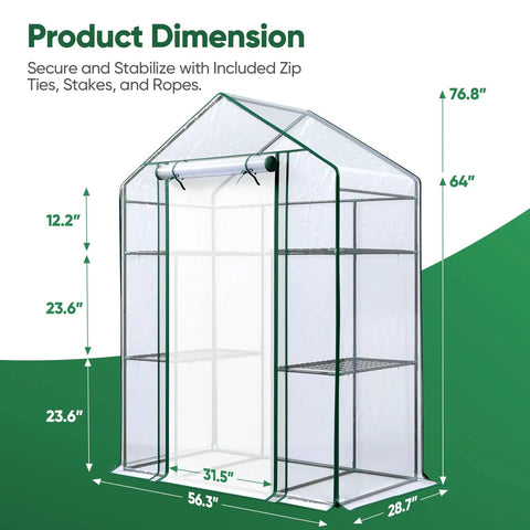 Diagram of Walk In Outdoor Greenhouse 56 x 29 x 77 Inch Portable Garden Hot House Kit with dimensions and clear plastic cover.