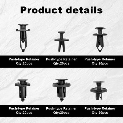 Badass 120 Piece Nylon Push Pin Retainer Clips And Fastener Removal Kit With Bumper Rivets For 6Mm 8Mm 9Mm 10Mm Car Parts Compatible With Gmc Ford Toyota Honda display of six nylon push-type retainers with quantity details.