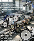 Yokoma Hand Push Sand Belt Machine For Weld Grinding featuring pneumatic tension control and durable rubber drive wheels.