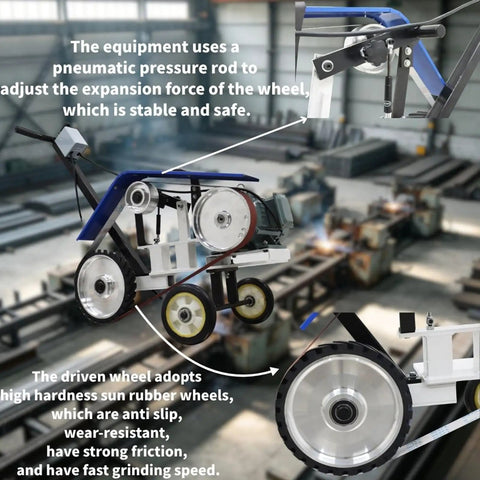 Yokoma Hand Push Sand Belt Machine For Weld Grinding featuring pneumatic tension control and durable rubber drive wheels.
