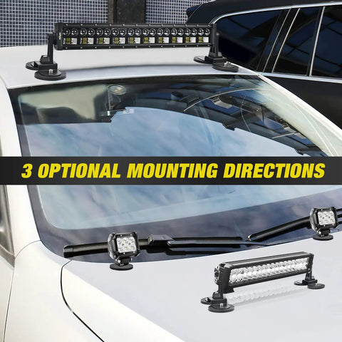 Beefy Universal Magnetic Base Light Bar Mounts With Rubber Boot installed on car hood and roof for LED pod work lights.