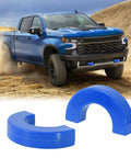 Blue Front Tow Hook Covers Set Of 2 For 2007 To 2024 Chevy Silverado 1500 in front of truck in desert setting