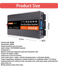 Road Ready 4000W Pure Sine Wave Power Inverter DC To AC Converter with LCD Readout, dimensions 27cm x 16.5cm x 8cm.