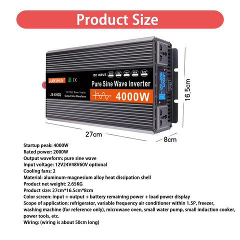 Road Ready 4000W Pure Sine Wave Power Inverter DC To AC Converter with LCD Readout, dimensions 27cm x 16.5cm x 8cm.