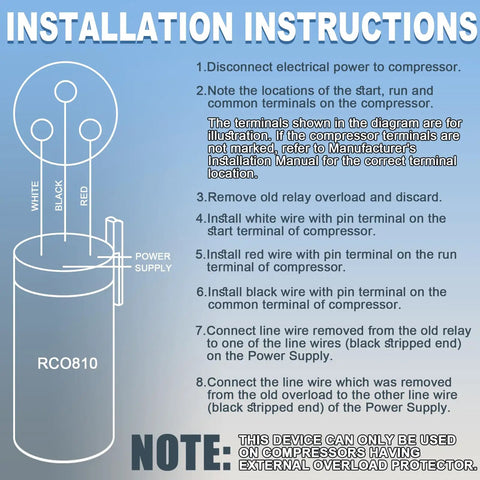 Installation instructions for Three In One Hard Start Kit For Refrigerator Freezer Replaces Start Relay Overload Capacitor 1/12 To 1/5 HP 120V AC Easy Install So Your Fridge Runs Smooth And Quiet Compatible With TJ90RCO810 AP4503019 ERP810 HS810 RC100 with diagram of wiring connections