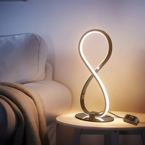 Eight Shape Spiral Led Table Lamp With Stepless Dimmable Brightness Warm White Light Modern Silver Nightstand Desk Lamp