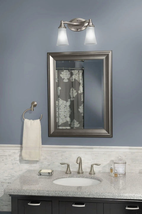Eva 2-Light Dual-Mount Chrome Vanity Fixture With Frosted Glass For Bath Up Or Down Mount Slick Chrome Finish above bathroom mirror